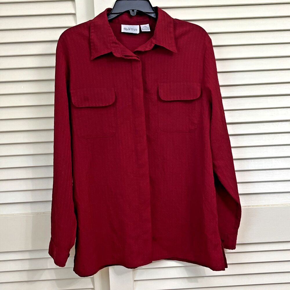 Apparenza Womens 1X Burgundy Red Button Blouse Long Sleeve Pockets